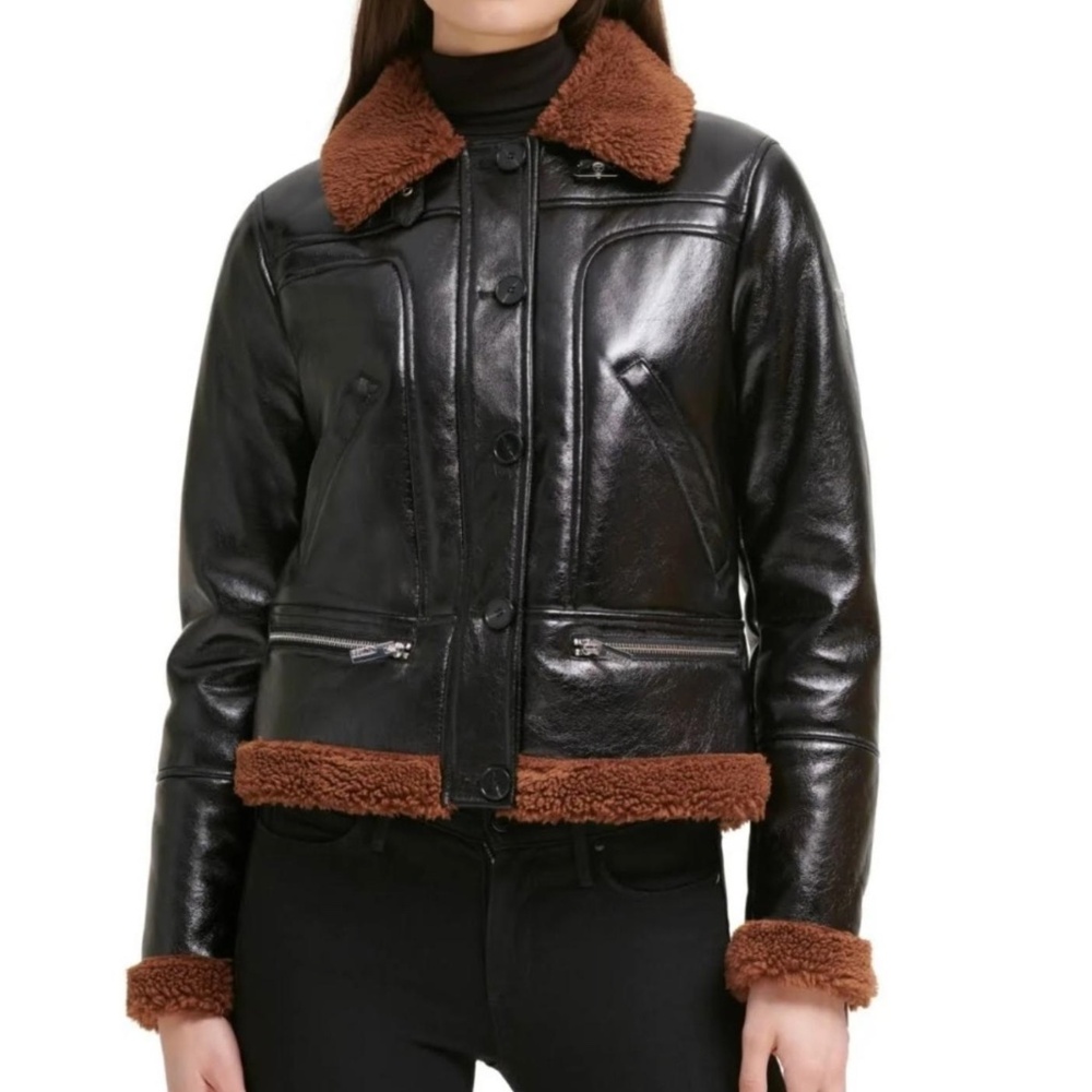 Guess Faux-Leather Fleece-Trim Coat - Black (OFFERS WELCOME)